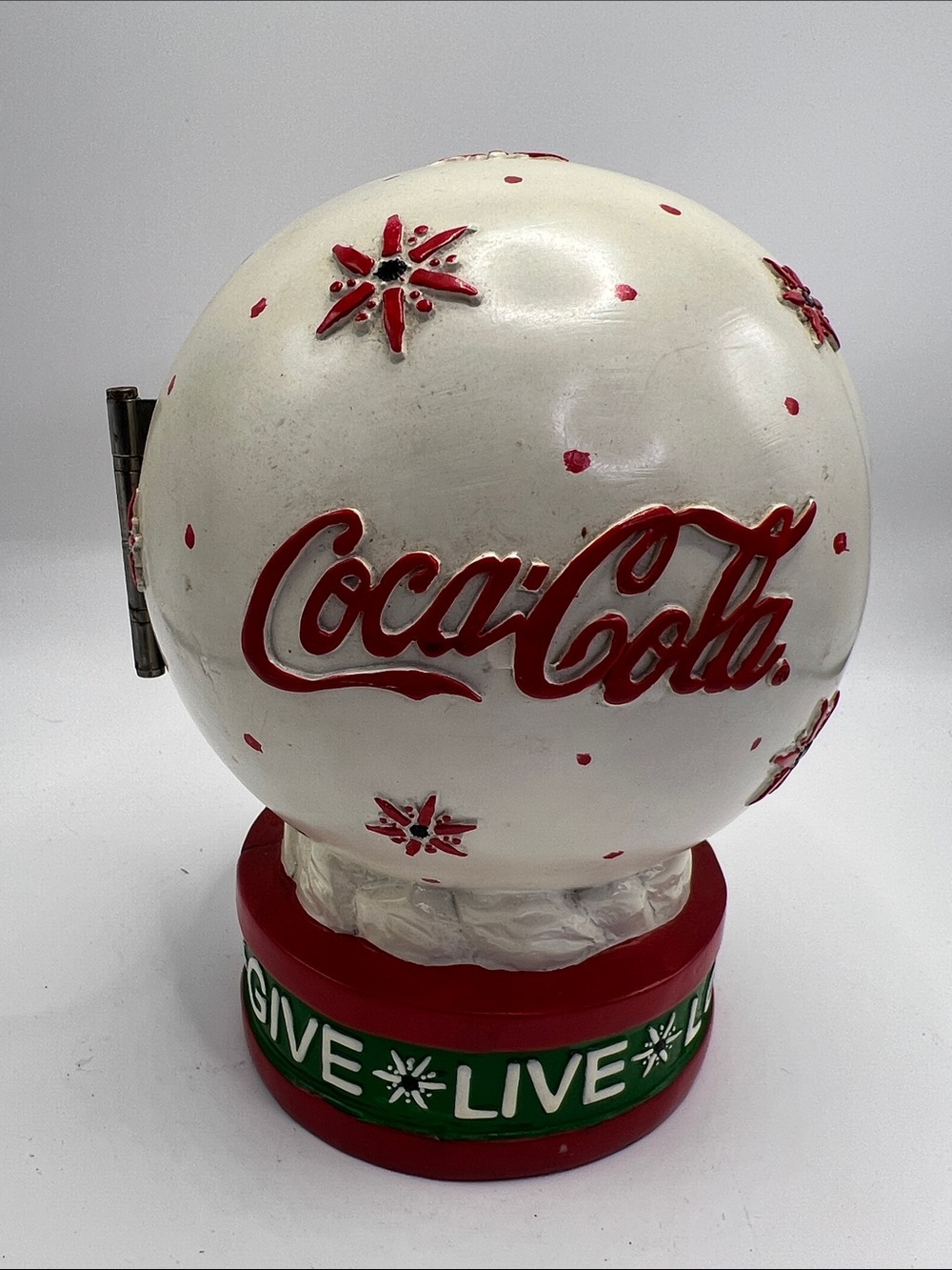 Coca Cola White & Red 2007 Holiday Globe Ornament with Green Base